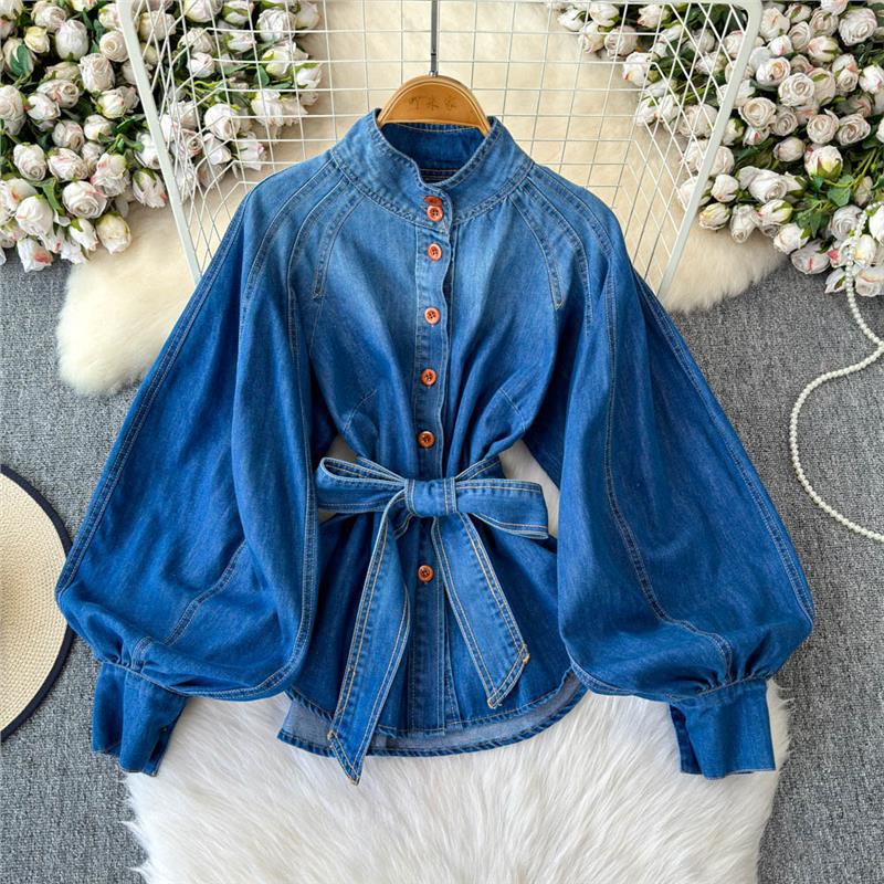 Chic Lantern Sleeve Denim Blouse