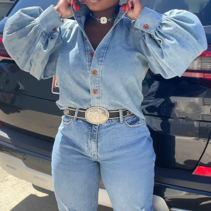 Chic Lantern Sleeve Denim Blouse