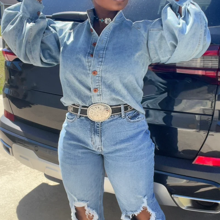 Chic Lantern Sleeve Denim Blouse