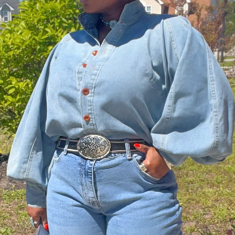 Chic Lantern Sleeve Denim Blouse
