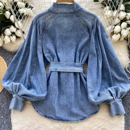 Chic Lantern Sleeve Denim Blouse